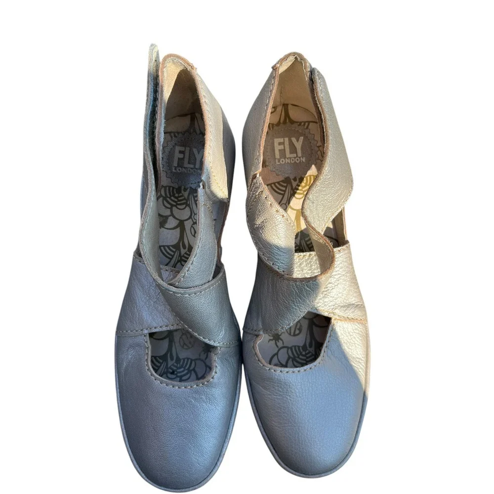 Fly London Yogo Crossover Leather Shoes Wedge Lagenlook Boho Silver, Size 41‎